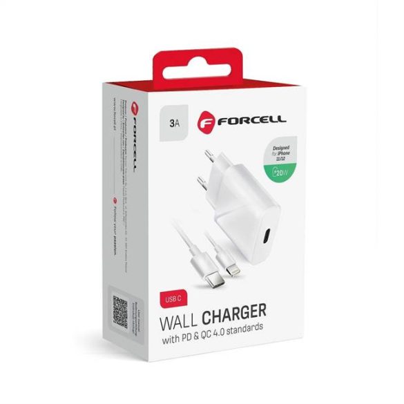 Töltő Forcell USB aljzat C Lightning kábel - 3A 20W PD és QC 4.0 funkció