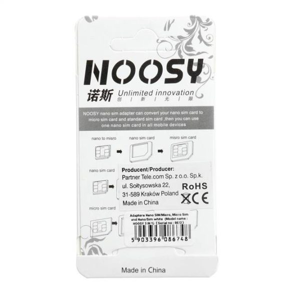 Adapterek Nano SIM / Micro, Micro Sim és Nano / Sim (NOOSY 3in1) fehér