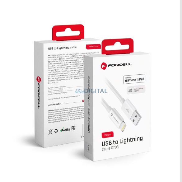 FORCELL kábel USB A és Lightning 8-pin MFI 2,4A/5V 12W C703 1m fehér
