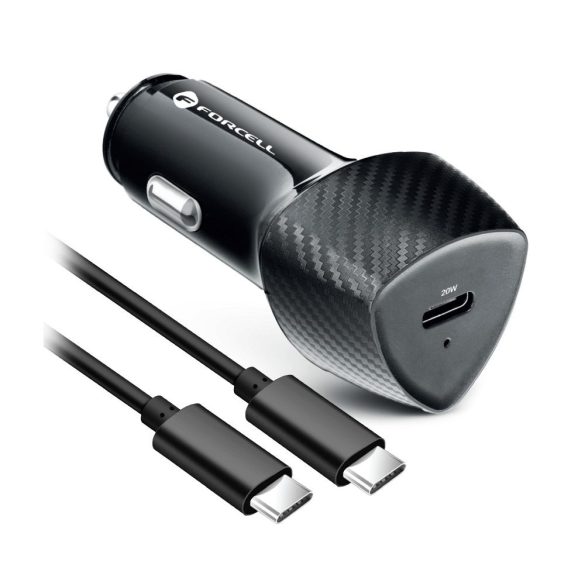 Forcell Carbon autós töltő 1xUSB-C csatlakozóval és Type-C - Type-C kábellel 20W fekete