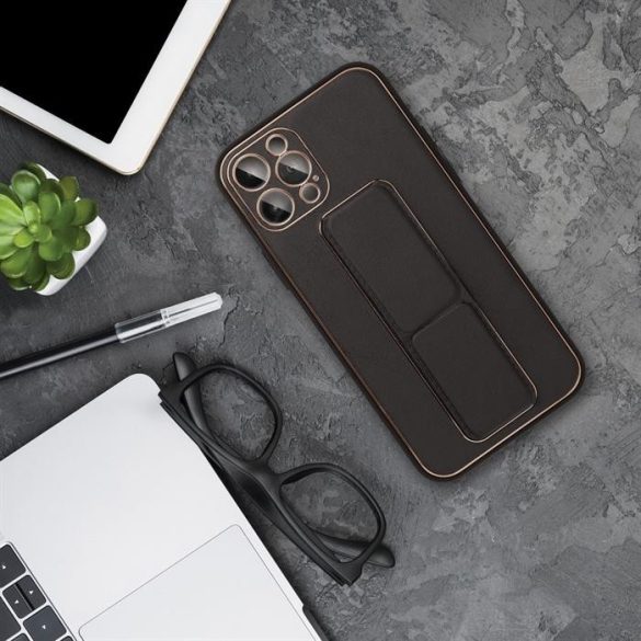 LEATHER Case állvánnyal az IPHONE 15 PRO fekete tok