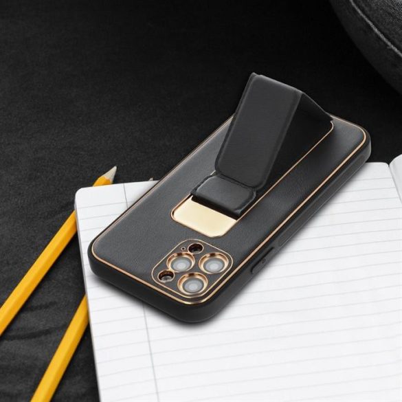 LEATHER Case állvánnyal az IPHONE 15 PRO fekete tok