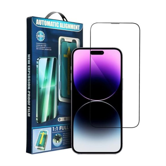 5D Full Glue edzett üveg iPhone 15 fekete + applikátor fólia