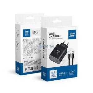 BlueStar TFB-TC-45W hálózati töltő 1xUSB C csatlakozással és Tpye-C - Type-C kábellel 3A 45W - fekete