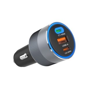 Forcell F-ENERGY Alu autós töltő 1xUSB-A és 2xUSB-C csatlakozással 65W PD QC - szürke