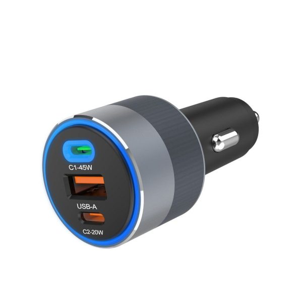 Forcell F-ENERGY Alu autós töltő 1xUSB-A és 2xUSB-C csatlakozással 65W PD QC - szürke