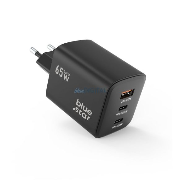 Blue Star VT-43 hálózati töltő 1xUSB-A és 2xUSB-C csatlakozással 65W 4A PD QC4.0 - fekete