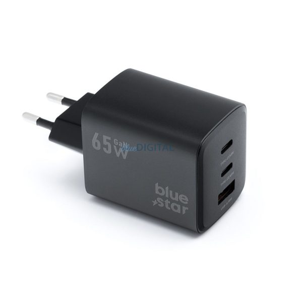 Blue Star VT-43 hálózati töltő 1xUSB-A és 2xUSB-C csatlakozással 65W 4A PD QC4.0 - fekete