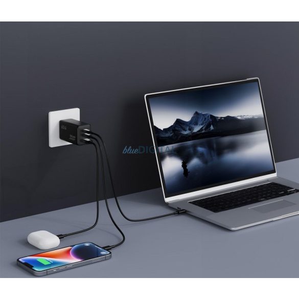 Blue Star VT-43 hálózati töltő 1xUSB-A és 2xUSB-C csatlakozással 65W 4A PD QC4.0 - fekete