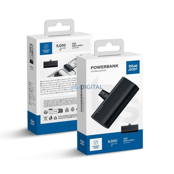 Blue Star W0556 PlugOn powerbank beépített Type-C csatlakozóval 5000mAh 2.1A - fekete