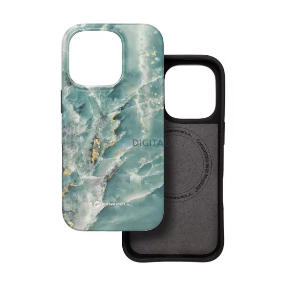FORCELL F-PROTECT Mirage, katonai csepp-tesztelt tok kompatibilis MagSafe az IPHONE 15 PRO zöld márványhoz
