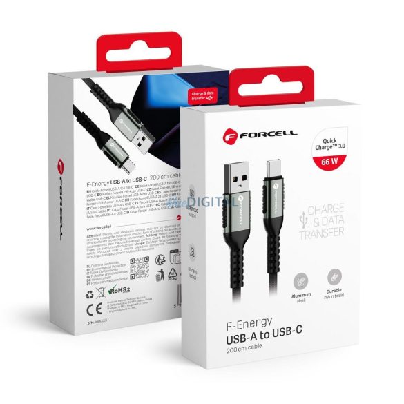 Forcell C256 F-ENERGY USB-A - Type-C kábel 66W 3A QC3.0 2m - fekete