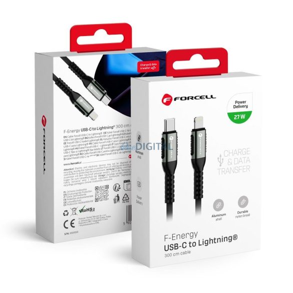 Forcell C259 F-ENERGY Type-C - Lightning kábel 27W 3A PD 3m - fekete