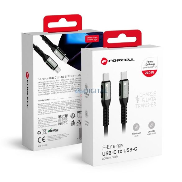 Forcell C263 F-ENERGY Type-C - Type-C kábel 240W 5A QC4.0 PD 3m - fekete