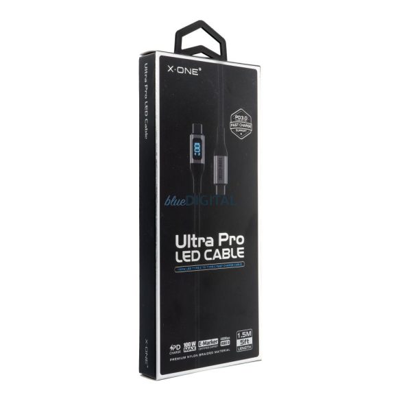 X-One Ultra Pro Type-C - Type-C kábel LED kijelzővel 100W 5A 1.5m - fekete