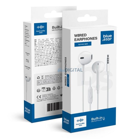 Blue Star PA-E65 vezetékes fülhallgató mikrofonnal 3.5mm jack csatlakozóval - fehér