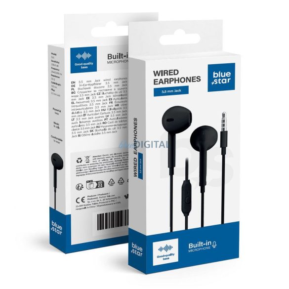 Blue Star PA-E65 vezetékes fülhallgató mikrofonnal 3.5mm jack csatlakozóval - fekete