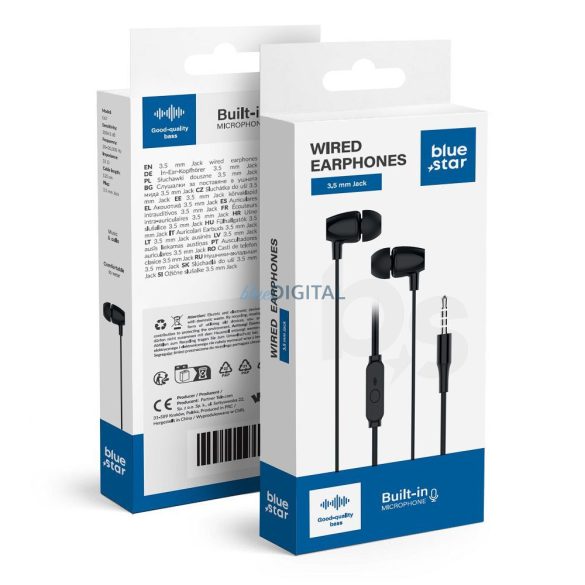 Blue Star PA-E67 vezetékes fülhallgató mikrofonnal 3.5mm jack csatlakozóval - fekete