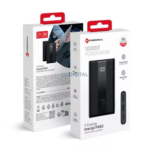 FORCELL F-ENERGY P10K2 Energo powerbank PD QC3.0 3A 22,5W 10000 mAh fekete