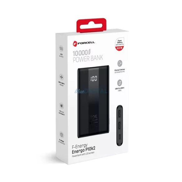 FORCELL F-ENERGY P10K2 Energo powerbank PD QC3.0 3A 22,5W 10000 mAh fekete