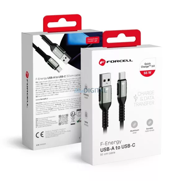 FORCELL F-ENERGY C256 kábel USB-A Type-C QC4.0 3A 66W Cafule 0,5 m fekete
