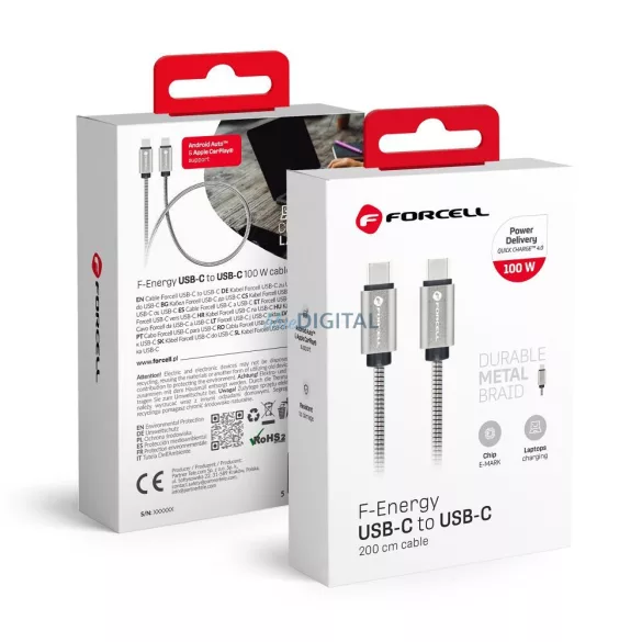 FORCELL F-ENERGY Fém C239 kábel C típusú C típusú PD QC4.0 5A 100W E-jelzés 2 m ezüst