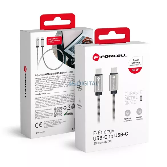 FORCELL F-ENERGY Fém C237 kábel Type-C Type-C PD QC4.0 3A 60W 2 m ezüst