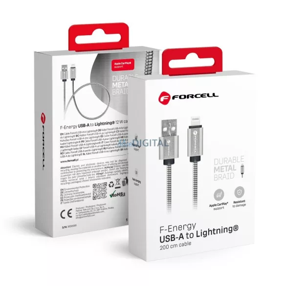 FORCELL F-ENERGY Metal C236 kábel USB-A - Lightning 2,4A 12W 2 m ezüst