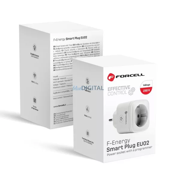 FORCELL F-ENERGY EU02 Smart Plug 230V és WiFi, programmer és Tuya/Amazon Alexa support - fehér