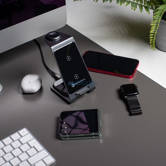 Forcell F-ENERGY Simply Charge 3in1 kompatibilis Apple Watch és Samsung Watch szürke órával