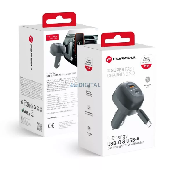 FORCELL F-ENERGY Alu autós töltő visszahúzható kábellel C típusú és C típusú + USB-A aljzat PD QC4.0 SFC2.0 3A 75W fekete
