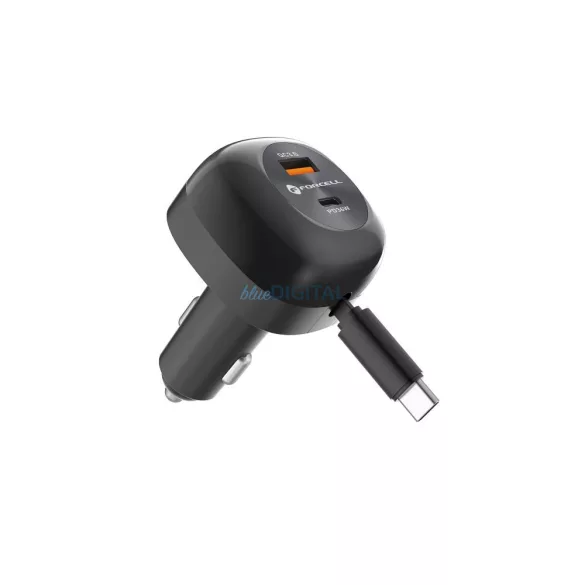 FORCELL F-ENERGY Alu autós töltő visszahúzható kábellel C típusú és C típusú + USB-A aljzat PD QC4.0 SFC2.0 3A 75W fekete