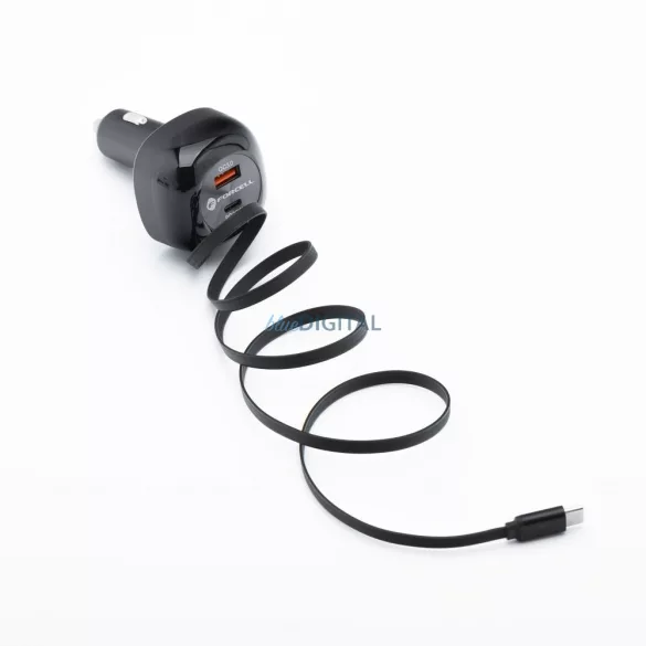 FORCELL F-ENERGY Alu autós töltő visszahúzható kábellel C típusú és C típusú + USB-A aljzat PD QC4.0 SFC2.0 3A 75W fekete