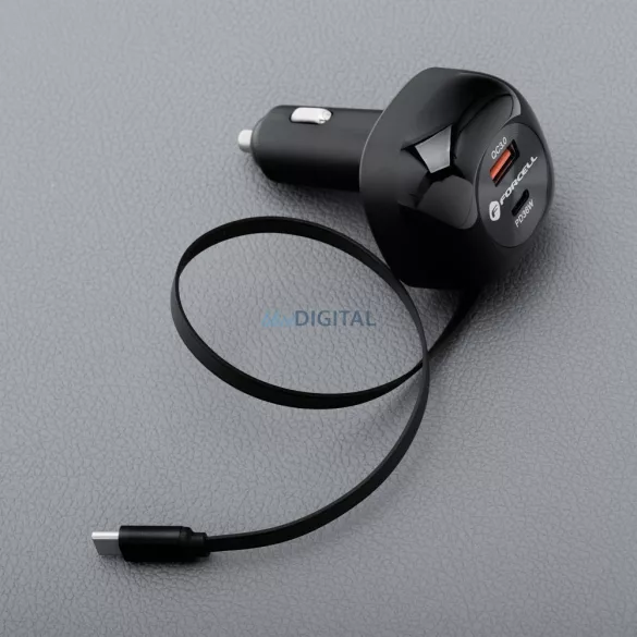 FORCELL F-ENERGY Alu autós töltő visszahúzható kábellel C típusú és C típusú + USB-A aljzat PD QC4.0 SFC2.0 3A 75W fekete