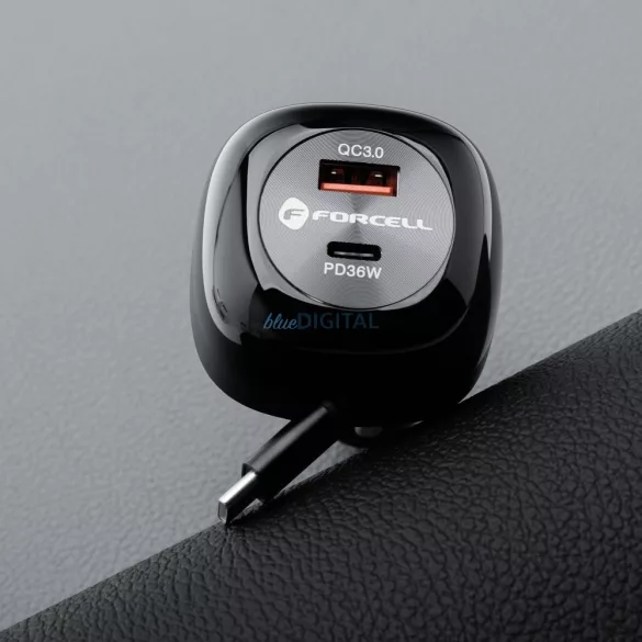 FORCELL F-ENERGY Alu autós töltő visszahúzható kábellel C típusú és C típusú + USB-A aljzat PD QC4.0 SFC2.0 3A 75W fekete
