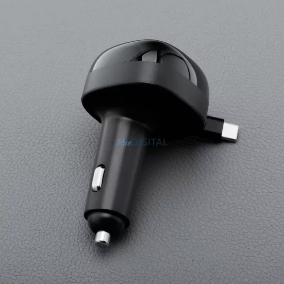 FORCELL F-ENERGY Alu autós töltő visszahúzható kábellel C típusú és C típusú + USB-A aljzat PD QC4.0 SFC2.0 3A 75W fekete