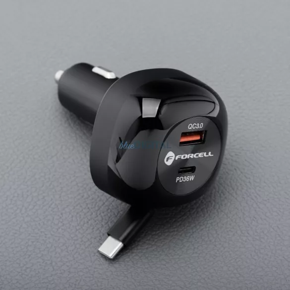 FORCELL F-ENERGY Alu autós töltő visszahúzható kábellel C típusú és C típusú + USB-A aljzat PD QC4.0 SFC2.0 3A 75W fekete