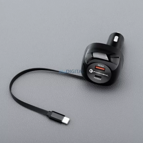 FORCELL F-ENERGY Alu autós töltő visszahúzható kábellel C típusú és C típusú + USB-A aljzat PD QC4.0 SFC2.0 3A 75W fekete