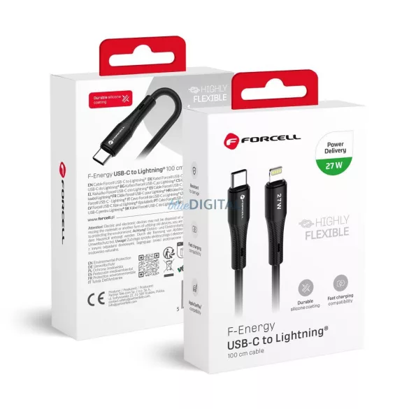 FORCELL F-ENERGY C346 Type-C - Lightning kábel PD 3A 27W szilikon 1 m fekete