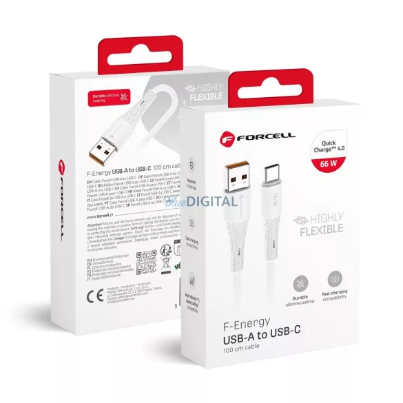 FORCELL F-ENERGY C342 kábel USB-A Type-C QC4.0 3A 66W szilikon 1 m fehér