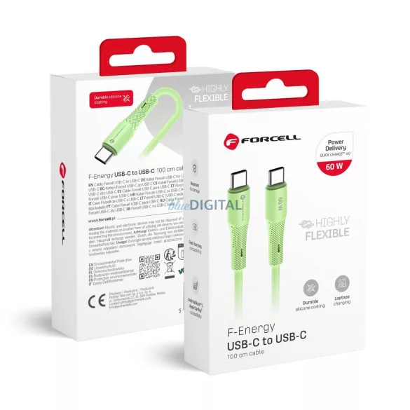 FORCELL F-ENERGY C344 kábel C típusból C típusba QC4.0 PD 3A 60W szilikon 1 m zöld