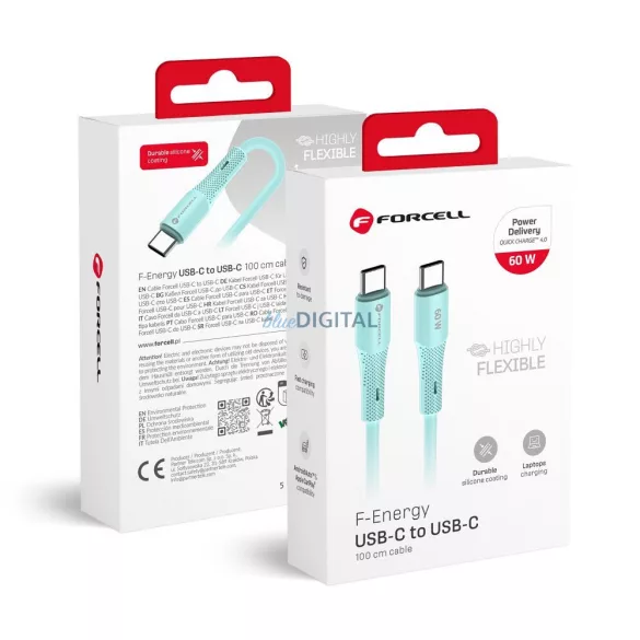 FORCELL F-ENERGY C344 kábel Type-C Type-C QC4.0 PD 3A 60W szilikon 1 m kék