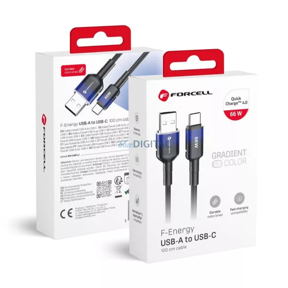 FORCELL F-ENERGY C352 kábel USB-A Type-C QC4.0 3A 66W gradiens 1 m fekete