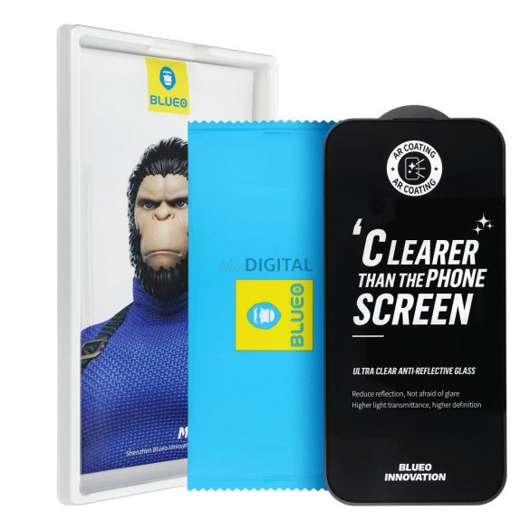 BlueO Mr. Monkey Glass Strong Premium AR tükröződésmentes edzett üveg fekete szegéllyel iPhone 17 Pro