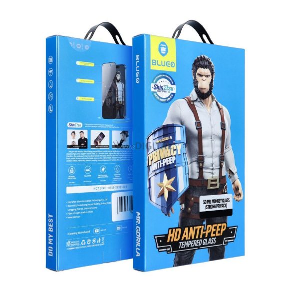 BlueO Mr. Monkey Glass Strong Privacy betekintésvédett edzett üveg fekete szegéllyel iPhone 17 Pro