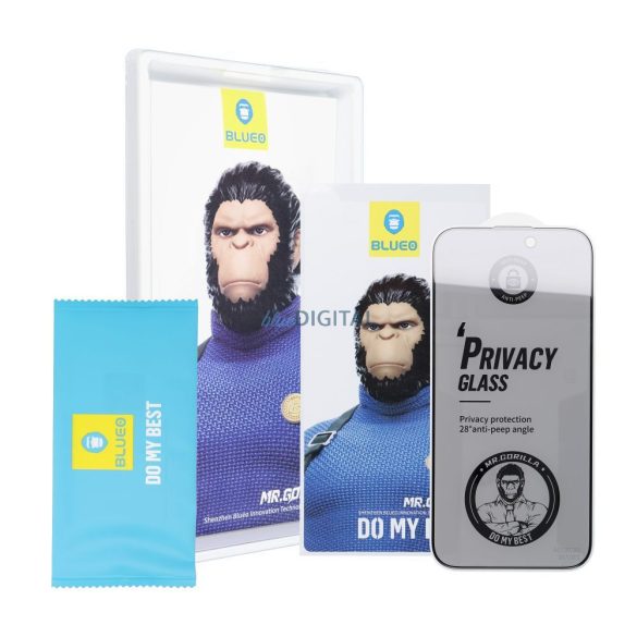 BlueO Mr. Monkey Glass Strong Privacy betekintésvédett edzett üveg fekete szegéllyel iPhone 17 Pro