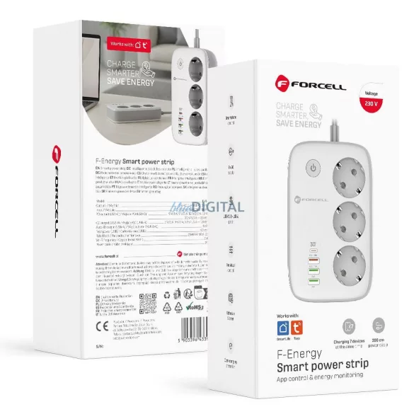 Power strip Forcell F-Energy 3 sockets + USB C 30W + 3 x USB A QC3.0 PD + WiFi Tuya, SmartLife, Alexa 10A 2500W VT-PS03 fehér