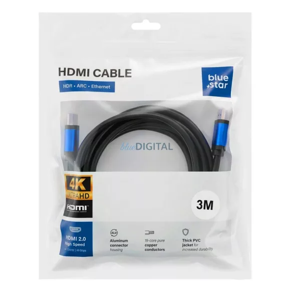 Kábel HDMI 2.0 Blue Star 4K 120Hz - High Speed, HDR, ARC, Ethernet, AWM, 18Gbps 3 m fekete