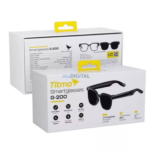 Smart AI glasses és music és recording, fekete glass, TITMO G-200, fekete