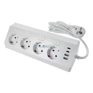 Power strip és 4 sockets max 3680W, 2xUSB A, 2x type C ports és 2m power kábel E42 fehér